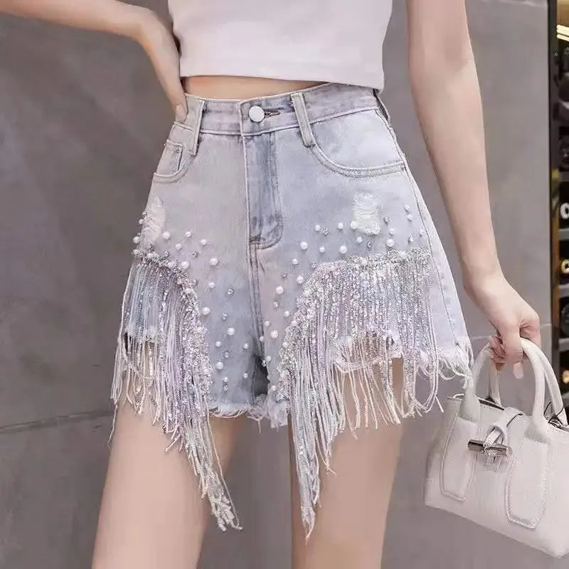 Summer New Style Personalized Denim Shorts for Women Internet Celebrity High Waist Diamond Sequins