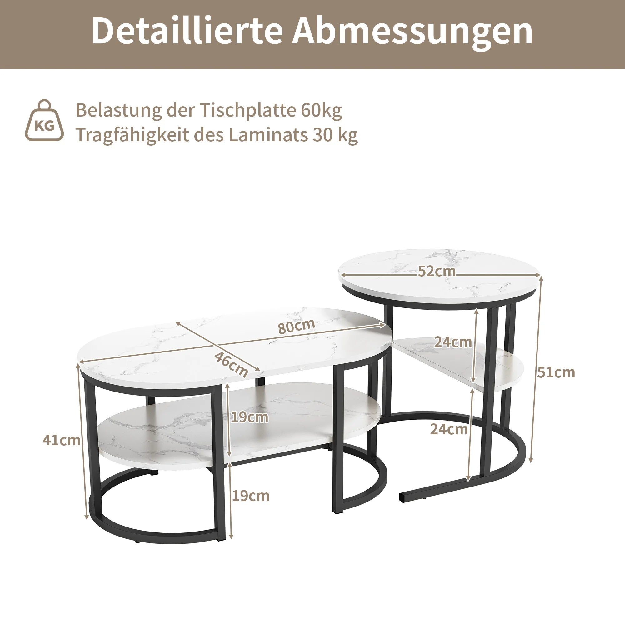 Creahappy - Set of 2 Modern Coffee Table, Stackable Elegant Coffee Table with Storage, Modern Living Room Furniture