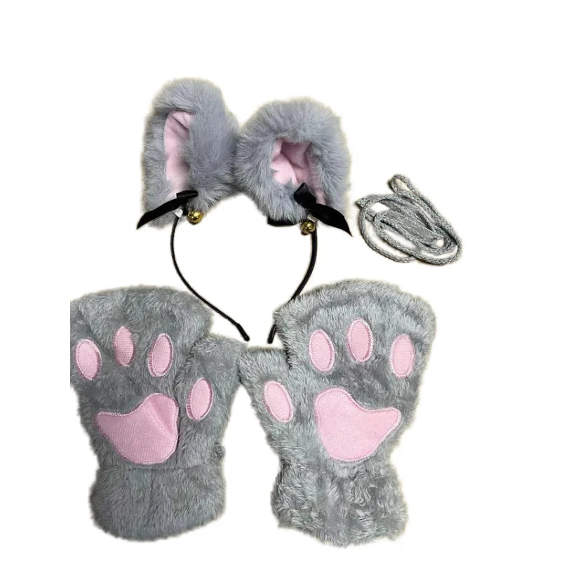 5Pcs Sets Cat Paw Gloves Winter Cute Cartoon Girl Open Finger Gloves Bell Headband Fox Cat Ear Headwear