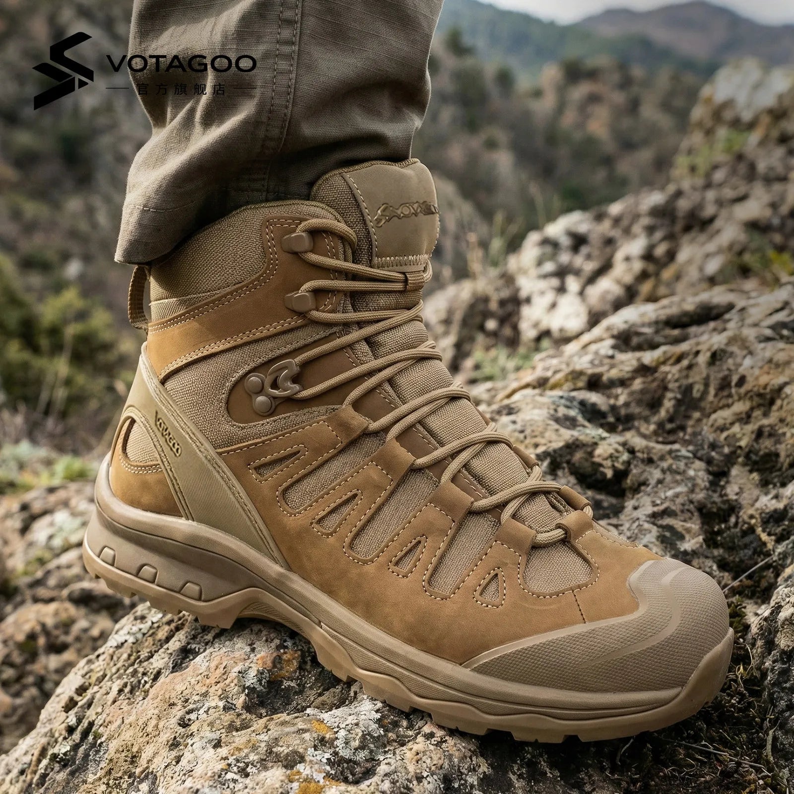 Men's Motorcycle Boots Waterproof  All Terrain Anti-slip Hiking Trekking Desert Combat 1000d Oxford Cloth Genuine Leather Boot