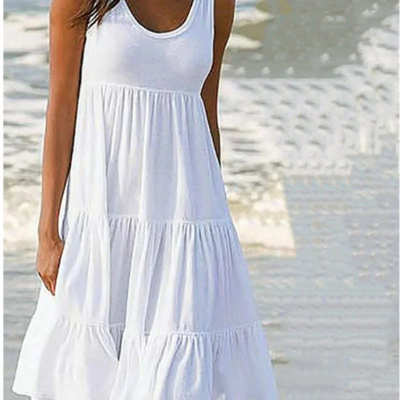 Bohemian Women's Casual O Neck Sleeveless Ruffle Mini Dress Solid Color Beach Tank Top Oversized Loose Dress Plus Size Women3029