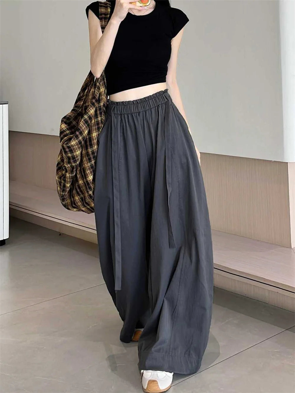 Summer Women Wide Leg Pants Elastic High Waisted Loose Casual Trousers Pockets Drawstring Gray Comfortable All-Match Streetwear