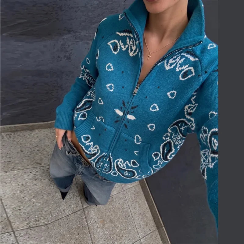 Elegant Knitted Print Women's Cardigan Loose Full Sleeve Stand Collar Zipper Sweaters Female 2026 Autumn Outwear Pockets Lady