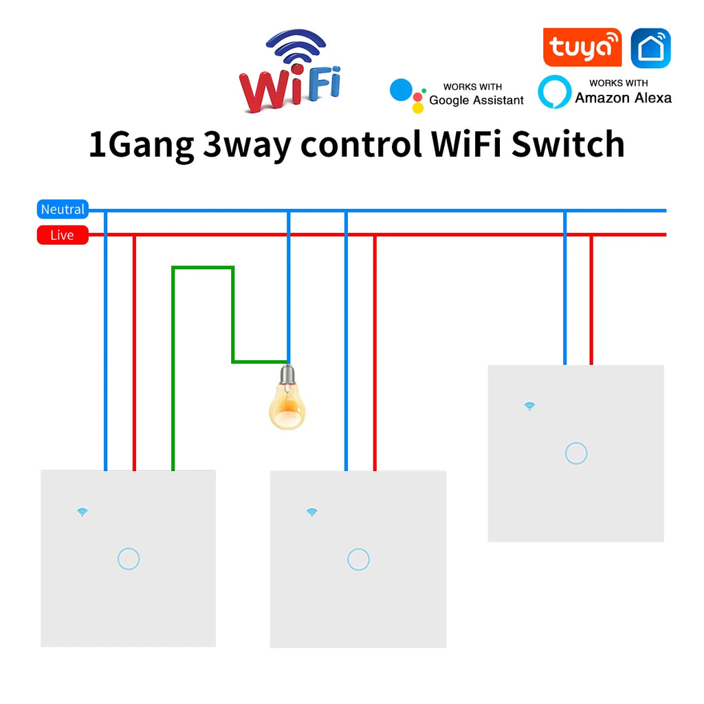 3way Wifi Switch 1/2/3gang Touch Light Switches With Tempered Glass Support Tuya Smart Life APP Voice Control For Stairs Bedroom