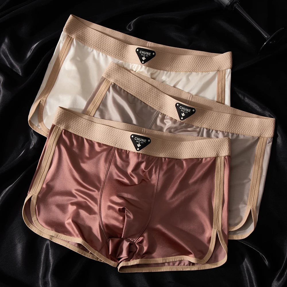 3PCS/Pack Luxury Ice Silk Satin-like Men's Underpants Double-layer Silk Crotch Panties Hygroscopic Breathable Underwear for Man