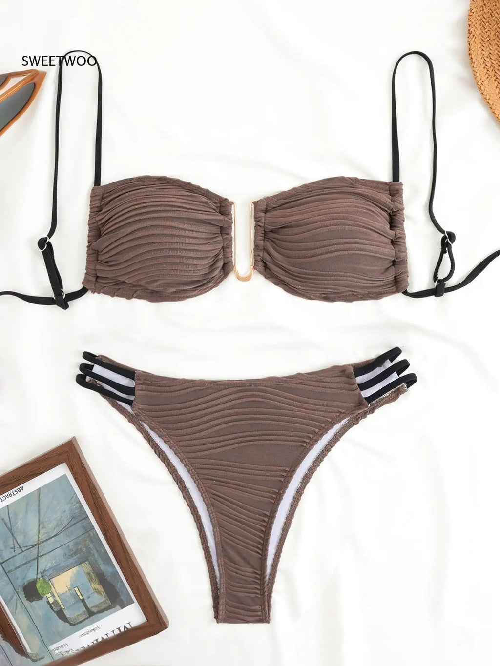Color Block Ruched Bikini Swimsuit Thin Shoulder Straps Square Metal Ring Bikini Top Multi Strap Brief Fashion Bathing Suit