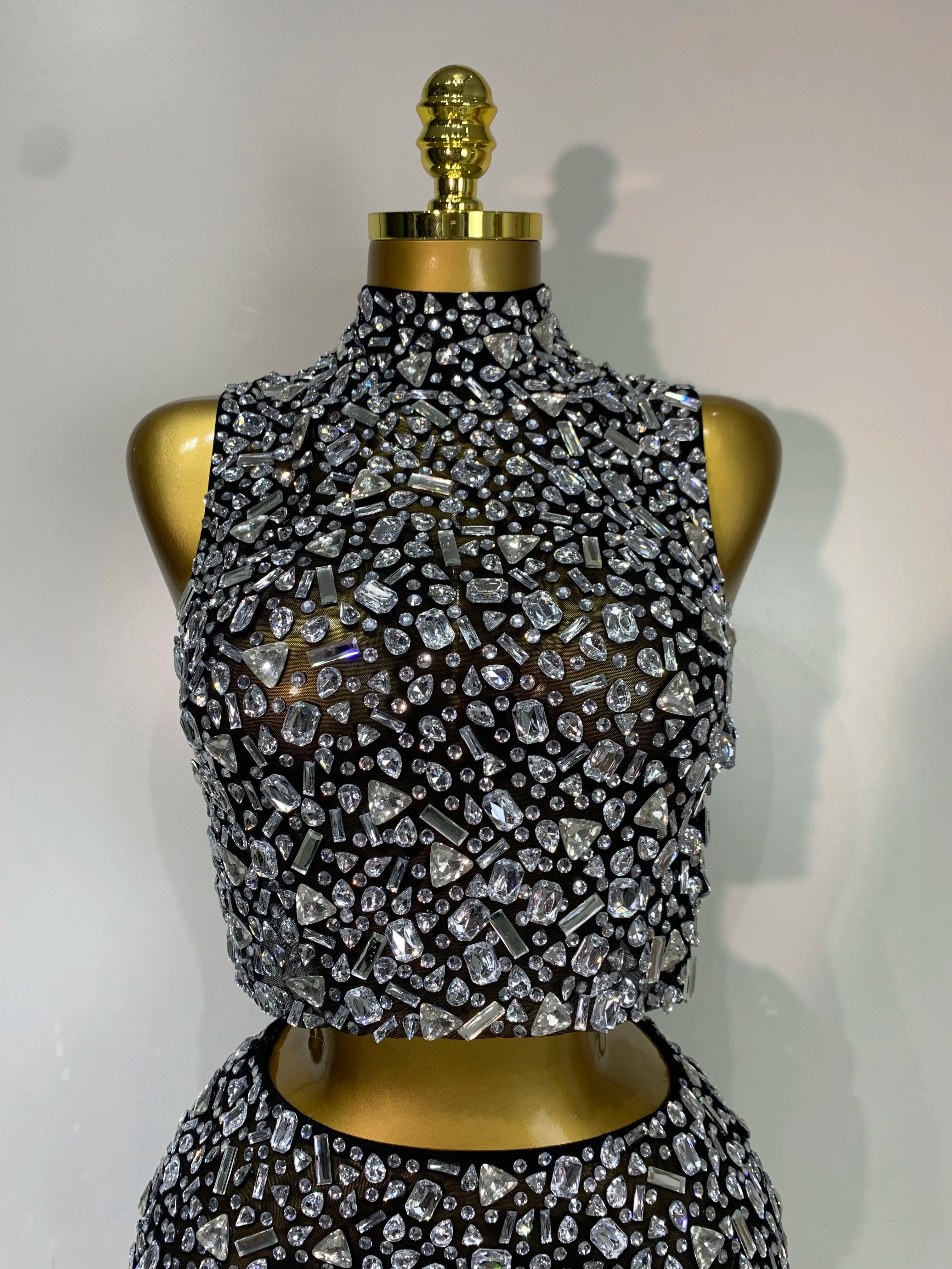 High Quality Sparkling Rhinestone Sexy See Through Blackless Top Skirt Two Pieces Set Woman Luxury Birthday Evening Party Gowns