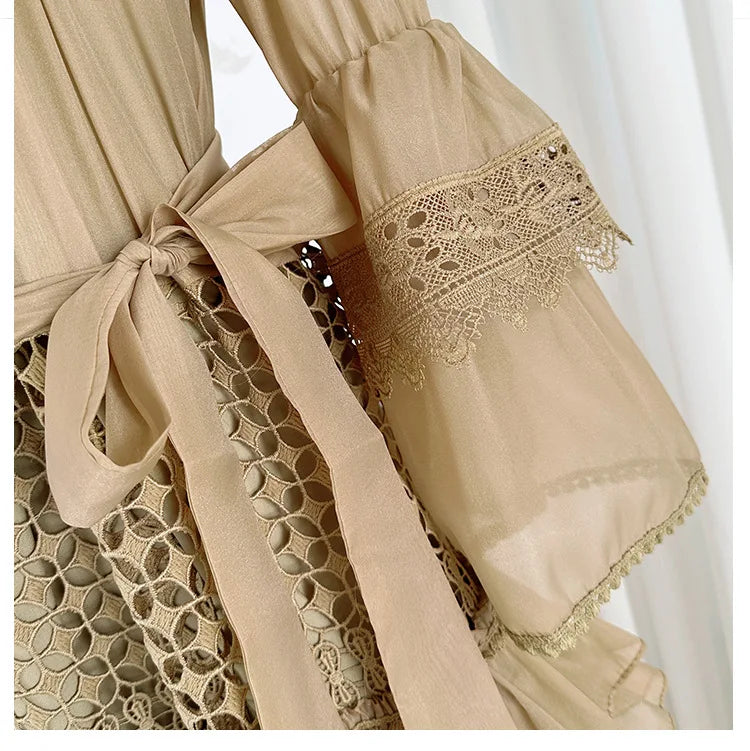 Elegant Hollow Out Lace Dress V-neck Vintage Flare Long Sleeves Chic Bandage A-line Long Dresses French High Street Clothing