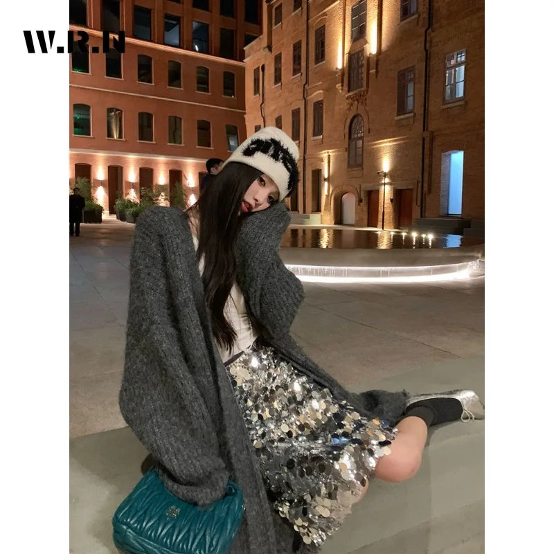 2024 Spring High Street Clubwear Sequins Design Mid Long Skirts Women Casual High Waist Streetwear Hotsweet A-Line Skirt