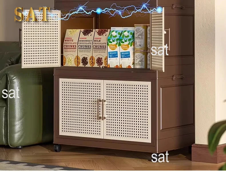 #Retro Storage Cabinet, Tall Wooden Foldable Cabinet for Living Room, Large Capacity Space Saving