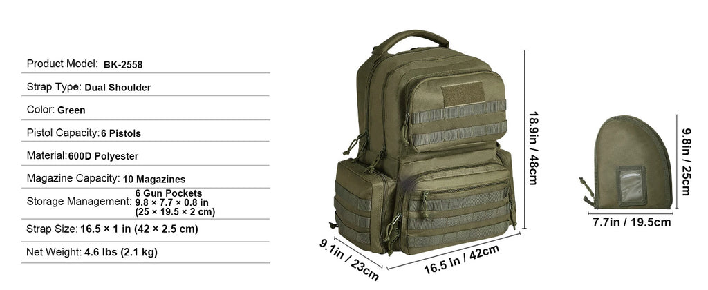 SucceBuy Tactical Range Backpack 2/6 Pistols Gun Backpack with Independent Pistol Bags and Magazines Pistol Backpack for Outdoor
