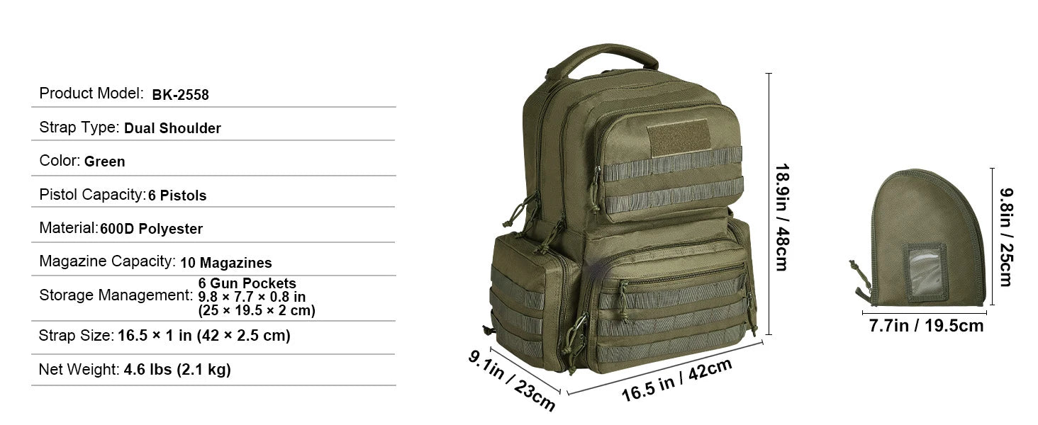 SucceBuy Tactical Range Backpack 2/6 Pistols Gun Backpack with Independent Pistol Bags and Magazines Pistol Backpack for Outdoor