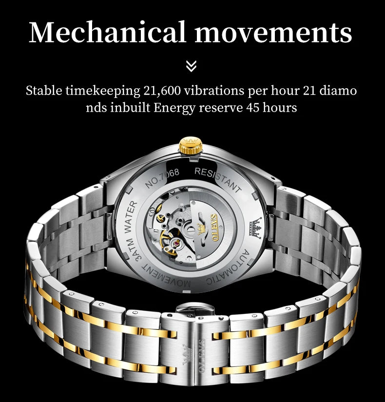 OLEVS 7068 Mens Watch Original Automatic Menchanical Wristwatch Waterproof Luminous For Men Sport Date Dual Calendar Design