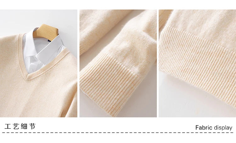 100% Merino Wool Men's V-Neck Pullover Autumn and Winter Basic Knit Versatile Sweater Casual Long Sleeve Shirt Cashmere Man Top