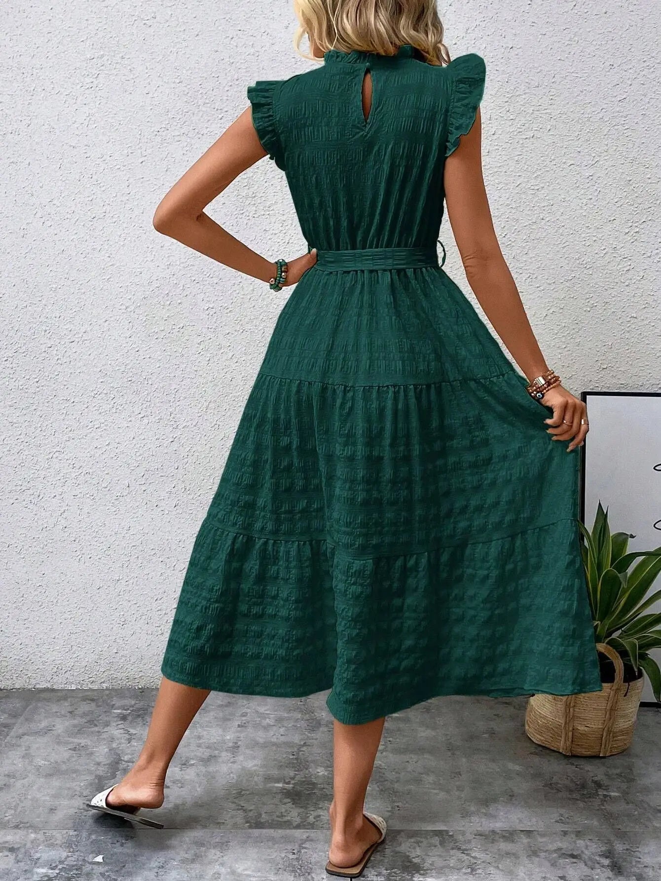 Elegant Women's Summer New Fashion Wooden Ear Edge Flying Sleeve Lace Up Texture Dress Purple  Sleeveless Lace Up Long Dresses