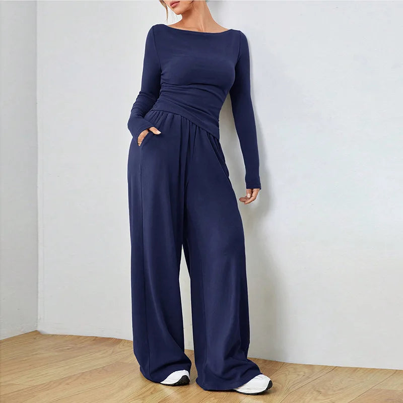 Trendy Slim Solid Color Trousers Suit For Women Simple Slim Irregular T-shirt Wide-leg Trousers Two-piece Casual Spring Suit
