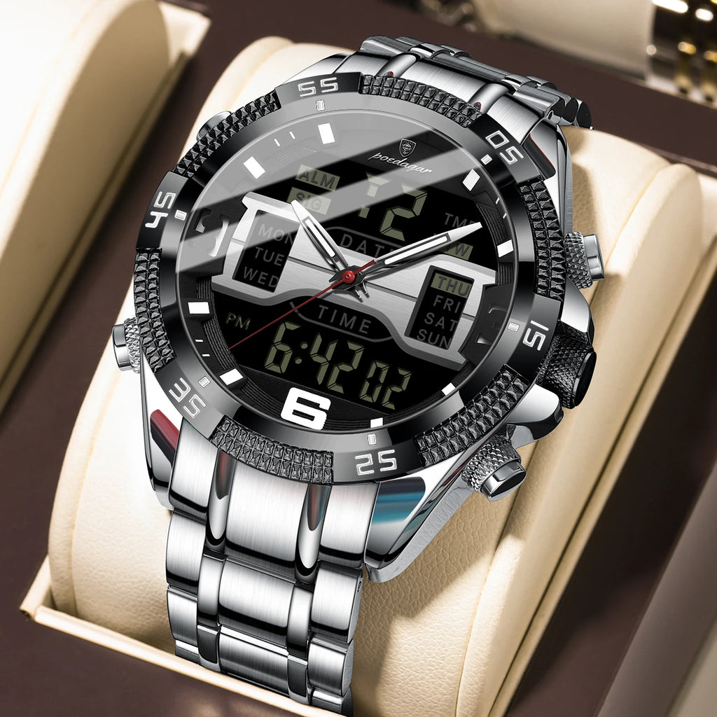 POEDAGAR LED Luxury Men Watch Sports Dual Time Display Digital Luminous Week Date Man Wristwatch Electronic Quartz Men's Watches