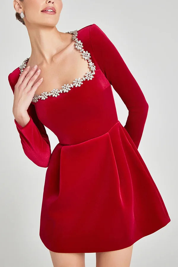 European and American Temperament Square Collar Diamond Setting Velvet Dress, Women's Spring Solid Color Long Sleeve Short Dress
