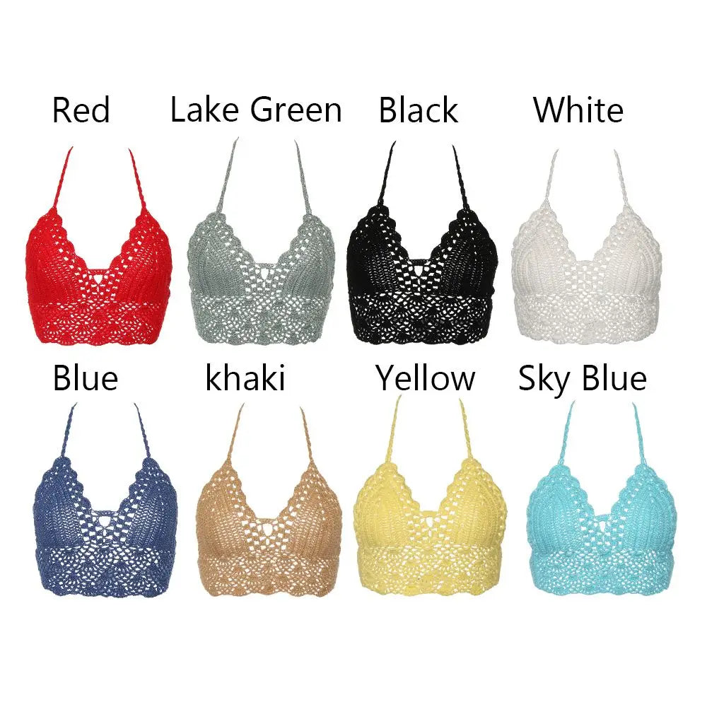 Women Summer Sexy Bikini Crochet Crop Top Boho Beach Camisoles Knit Bralette Bra Halter Neck Vest Holiday Beachwear
