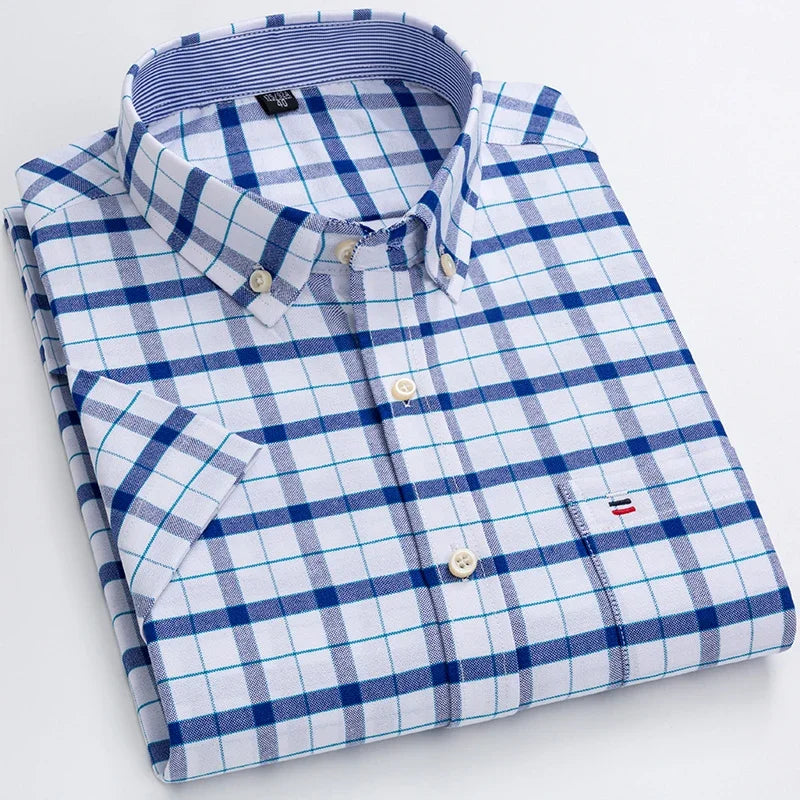 2025 100% Pure Cotton Men's Oxford Short Sleeve Square Collar Soild Plaid Striped Summer Casual Shirts Single Pocket  Shirt