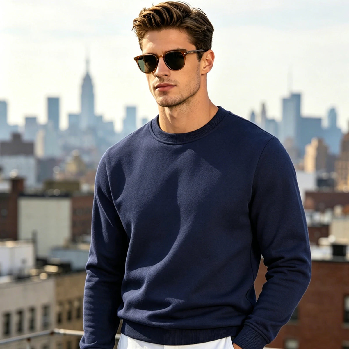 Men Solid Plain Crew Neck Sweatshirt Classic Rib Round Collar Cuffs & Hem Reinforced Waffle Stitching Soft Lightweight Wrinkle