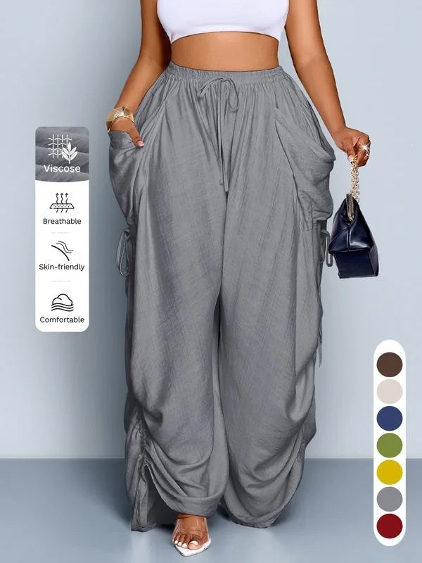 Loose Wide Leg Pants Drawstring Elastic Waist Pure Color Casual Trousers Women's High Waist Straight Cut Summer Fashion