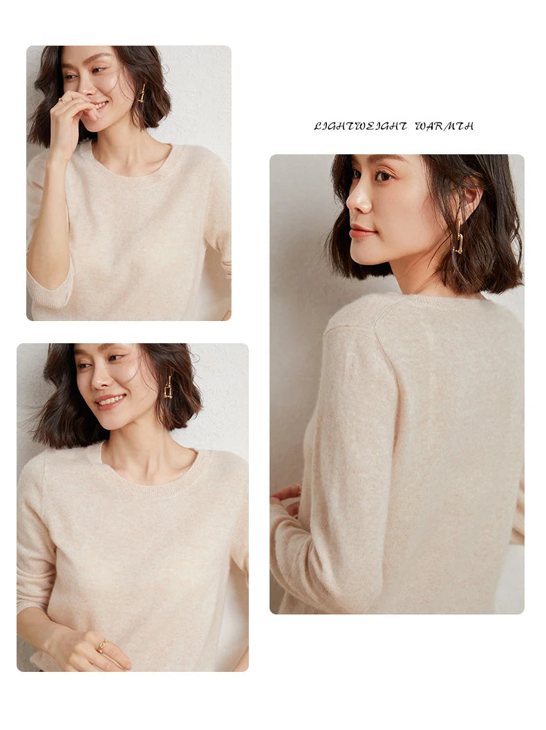 100%Merino Pure Wool Pullover Sweater For AutumnWinter Women's Round Neck Warm High-Quality Solid Color Basic Knitted Jumper Top