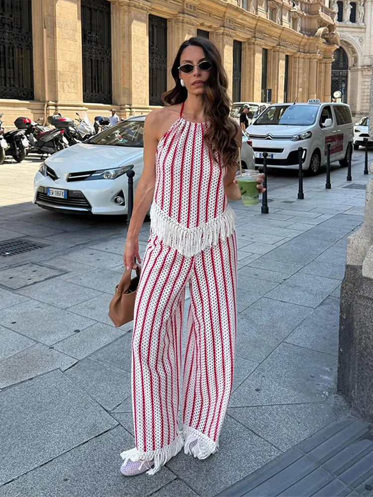Halter Vertical Striped Fringe Two Piece Set Sleeveless Tank Top Loose Wide Leg Pants Women 2026 Summer Holiday Beach Chic Suit