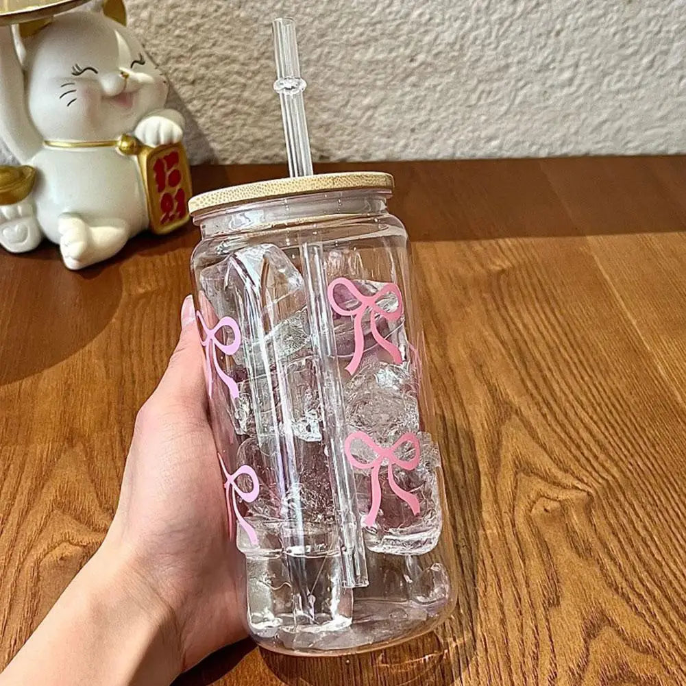 500ml Pink Bow Plastic Cups With Lids And Straws Reusable Bow Aesthetic Cup For Drinking Coffee Tea Cocktail For Party Support
