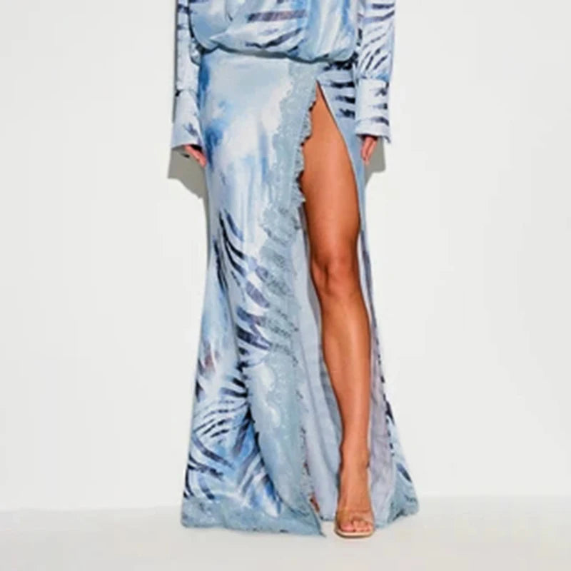 Fashion Printed Long Shirt Style Dress Women Full Sleeve Lapel Lace Patchwork High Split Dresses Female 2026 Autumn Lady Robe