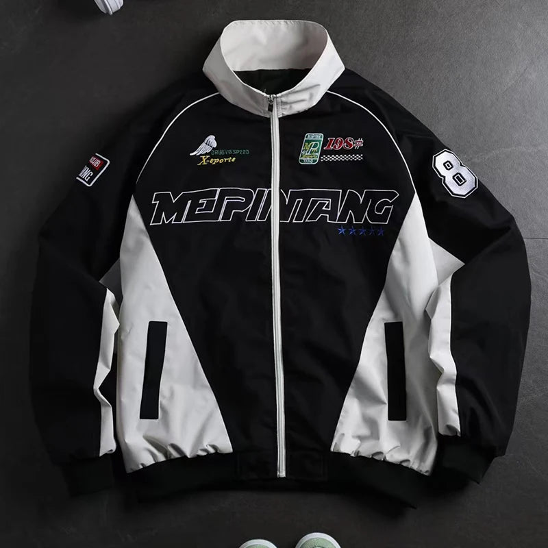 Men's Retro Racing Jacket Stand Collar Zip-Up Streetwear Oversized Colorblock Print Biker Coat Spring Autumn Fashion