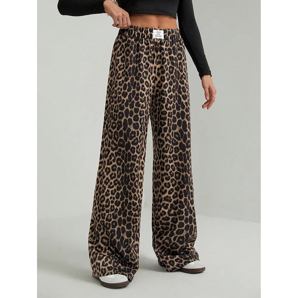 Casual Leopard Print Wide Leg Loose Fit Long Pants Versatile Spring Autumn New Style Women's Fashion plus Size Straight Leg T...