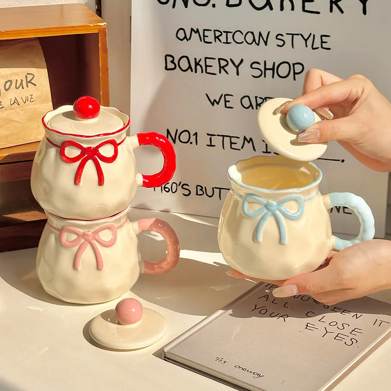 Ceramic Mug with Gift Box, Hand Painted Underglaze Bow, Birthday Gift Souvenir for Her, Cute Present, Coffee Cup, Ladies Gift