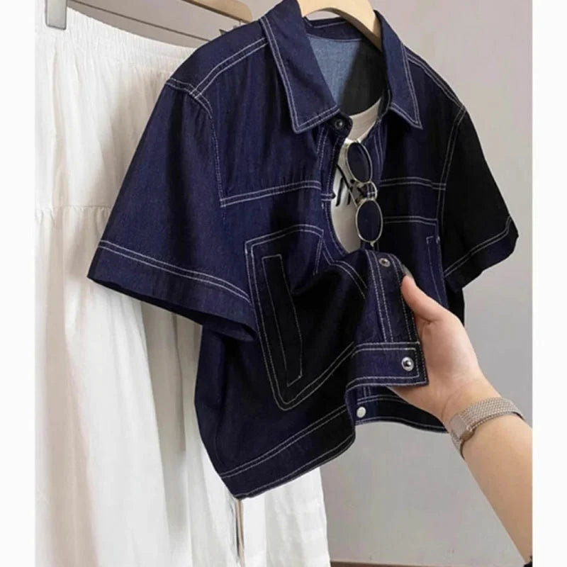 Deep Blue Retro Short Denim Shirts 2026 New Spring Summer Short Sleeved Loose Jeans Jacket Women Korean Versatile Outwear Tops