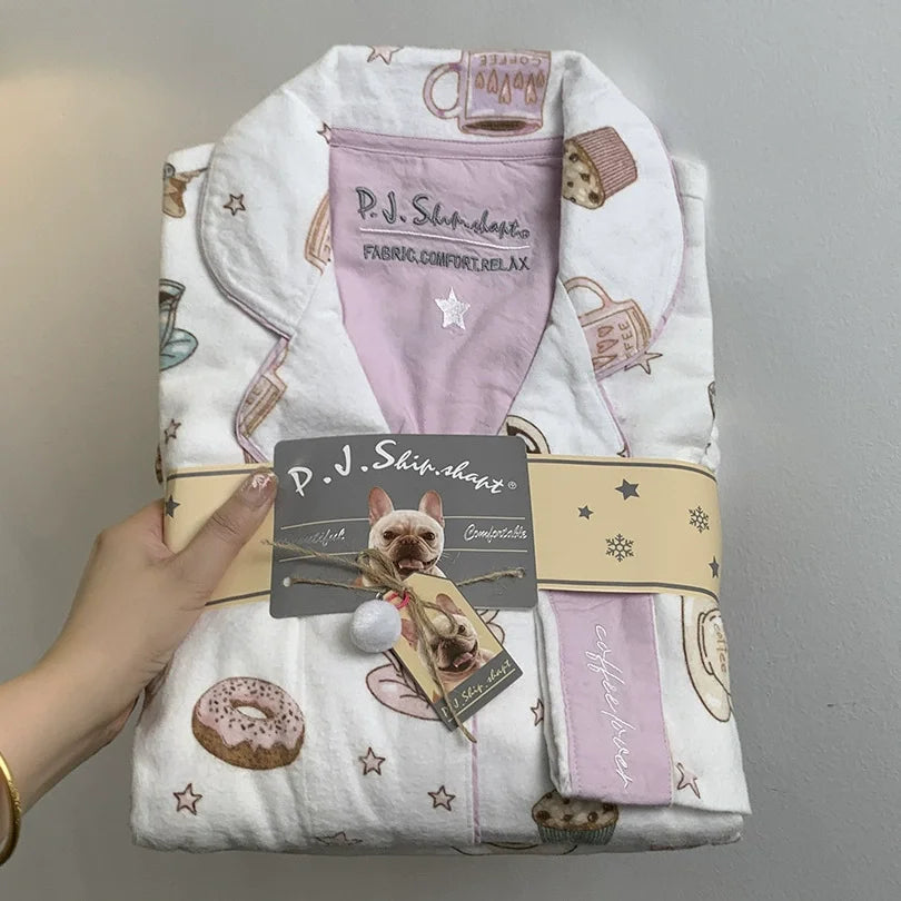 Women's Pajamas Set Cute Cartoon Print Sleepwear Elegant Top&pants 2Pcs Soft Cotton Pyjama Pour Femme Nightwear Loungewear