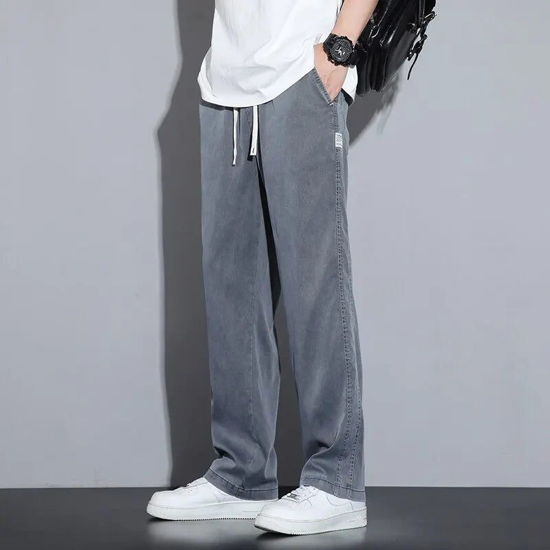 Summer Soft Lyocell Fabric Men's Jeans Thin Loose Straight Pants Drawstring Elastic Waist Korea Casual Trousers Plus Size M-5XL