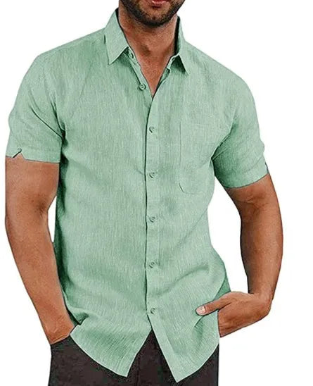 Men Pocket Blouse Tops Summer Male Turn Down Collar Button Short Sleeve Slim Solid Color Blouse Shirts YYCFS-19505