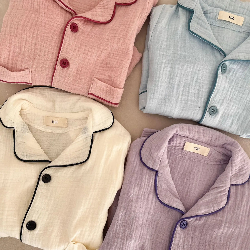 2026 New Children's Cotton Pajamas Set Soft Loose Boys Girls Clothing Turn-down Collar Button Shirt Trousers 2 Pcs Suit Pijamas
