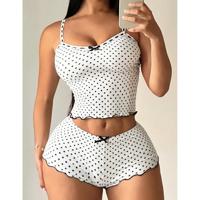 Women's Cute Dot Pajamas Set Summer Thin Sexy Tank Top And Shorts Sleepwear 2 Piece Set Female Casual Slim Elastic Home Wear