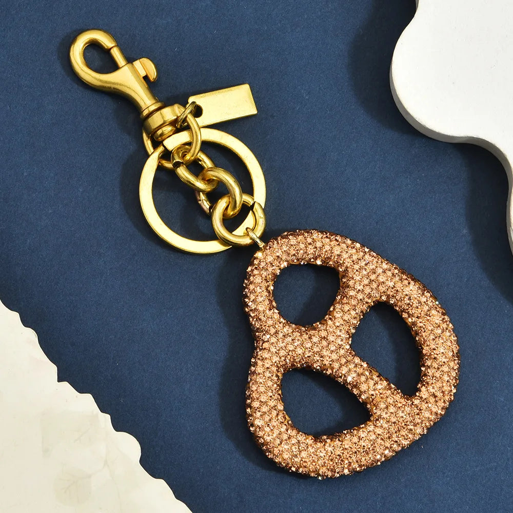 Rhinestone Pretzel Bag Charm Keychain Crystal Gold Hardware Sparkly Purse Pendant Accessory Cute Funny Foodie Gifts For Friends