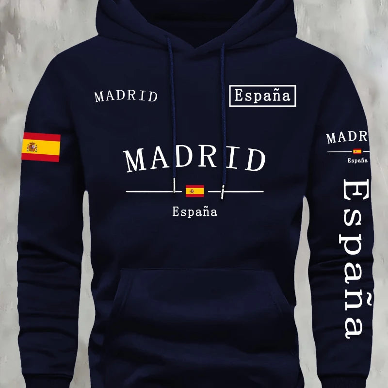 Spanish Flag Madrid Print Men Women Hooded Sweatshirt Autumn Winter Daily Outdoor Vacation Fitness Casual Loose Warm Sportswear