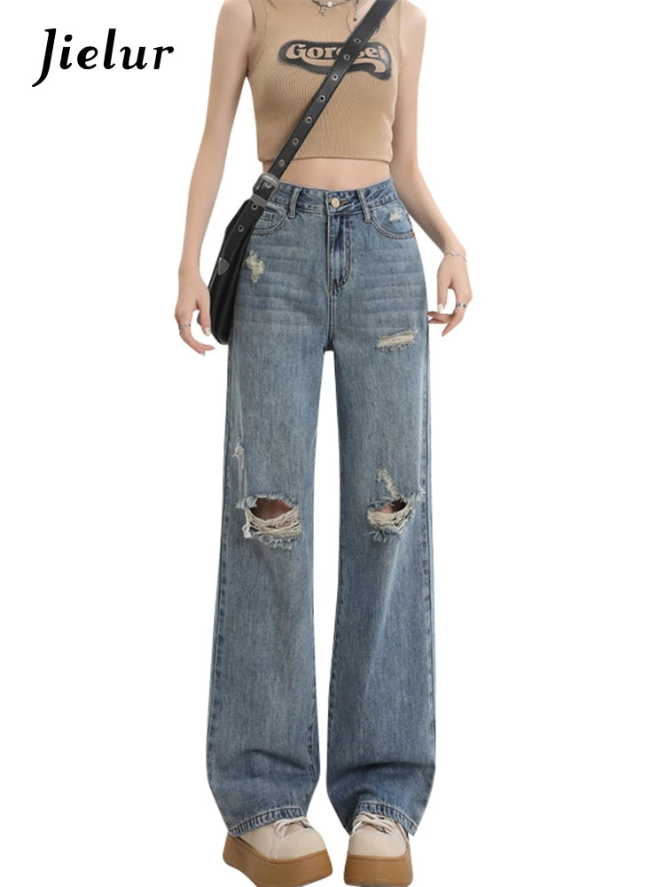 New Ripped Casual Loose Women Jeans High Waist Blue Korean Straight Pants Female Chicly Fashion Street Slim Woman Jeans