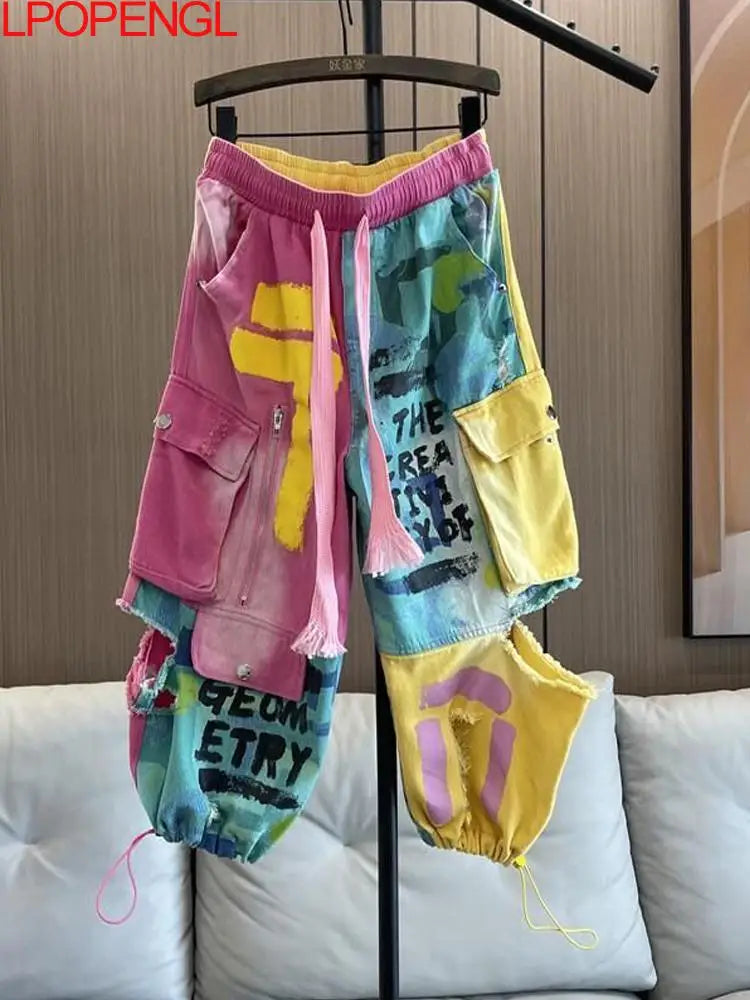 Personality Hip Hop Patchwork Pockets Jeans Women's Spring And Summer New Drawstring Ripped Streetwear Straight Leg Harem Pants