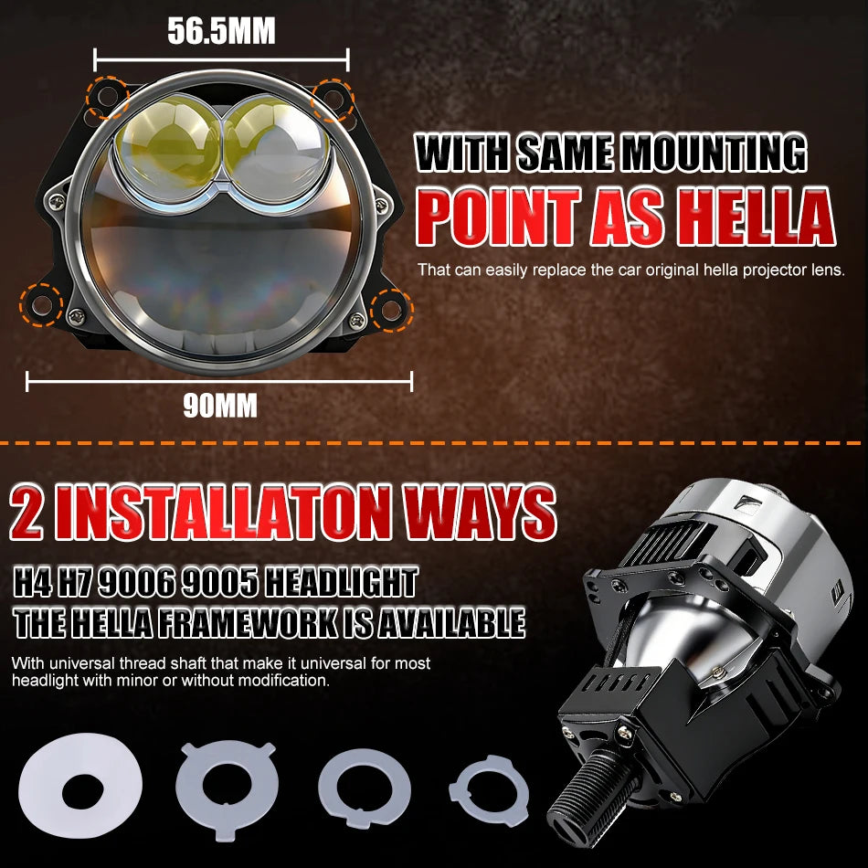 3 Inch 100W 6000K Bi-LED Projector Lenses Dual Hyperboloid Lens For Hella 3R H4 H7 9005/9006 Car Upgrade Retrofit Kits Turbo Fan