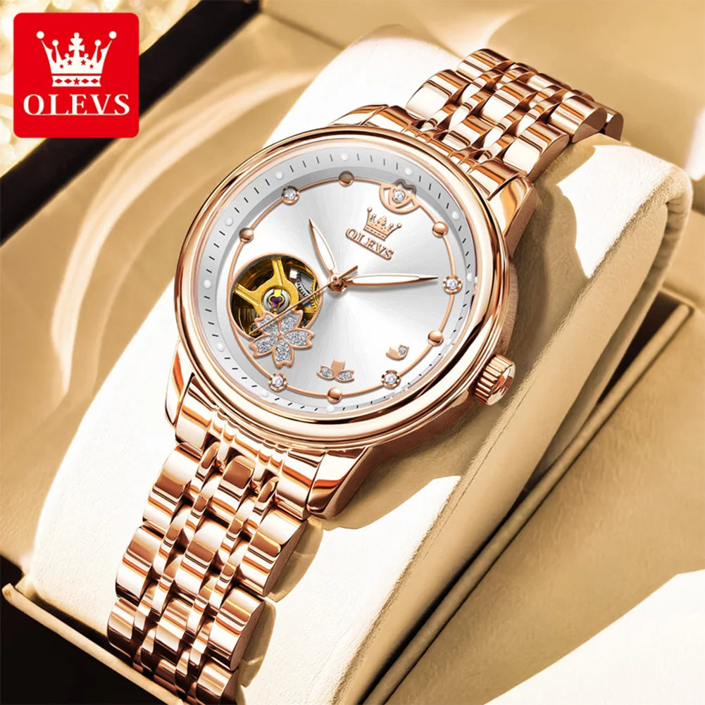 OLEVS 6732 Women's Watches Elegant Rose Gold Stainless Steel Hollowed Diamond Dial Automatic Mechancial Watch Gift Box for Women