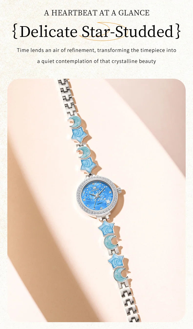 OLEVS Original Quartz Women's Watches Trendy Star Moon Diamond Dial Elegant Ladies Bracelet Wristwatches Luxury Woman Watch 5665
