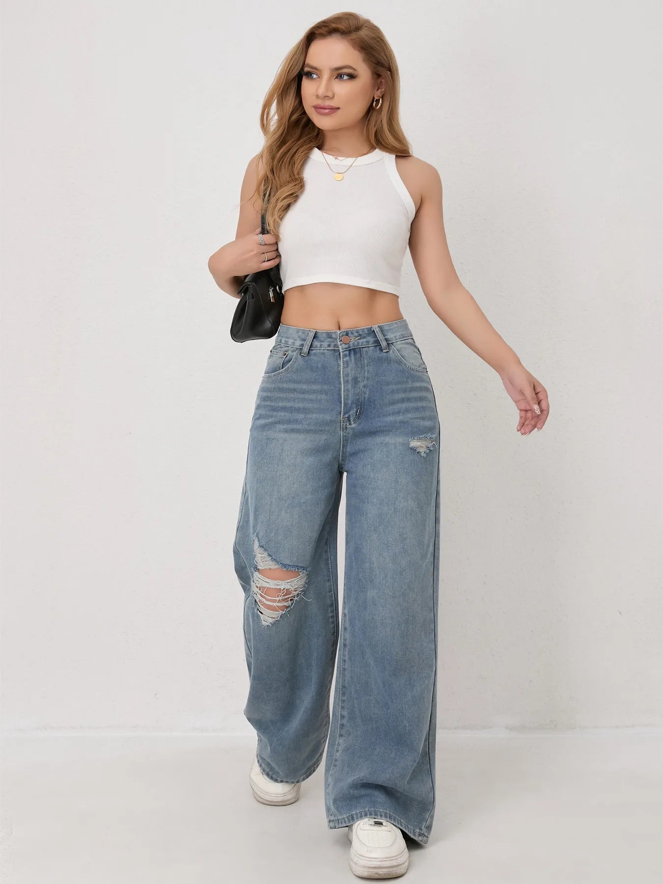 Women's Jeans 2026 New Arrival Loose Fit Casual High Waist Y2K Wide Leg Ripped Regular Denim Trousers Trendy Vintage Strety Ve