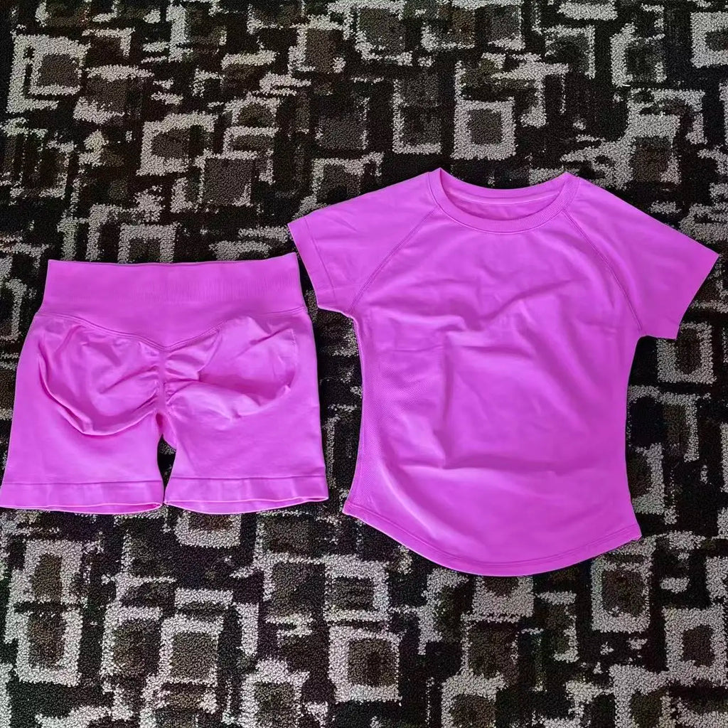 2PcS Sports Sets Short Sleeve Seamless Yoga Top Fitness Set Women Workout Running Sports Shorts Gym Suit Customizable Label Df