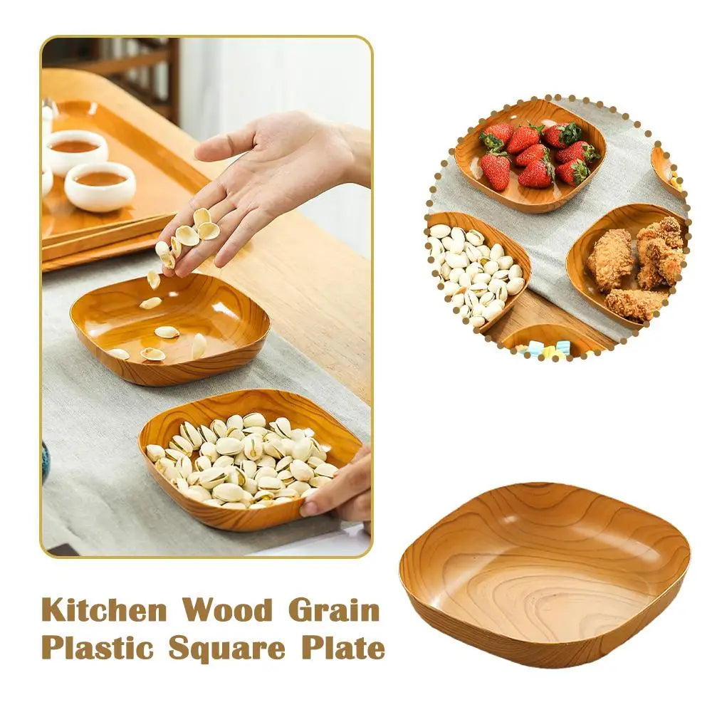 Kitchen Imitation Wood Grain Plastic Square Plate Japanese Afternoon Tea Fruit Dish Tea Tray Plastic Bone Dish Kitchen Tableware