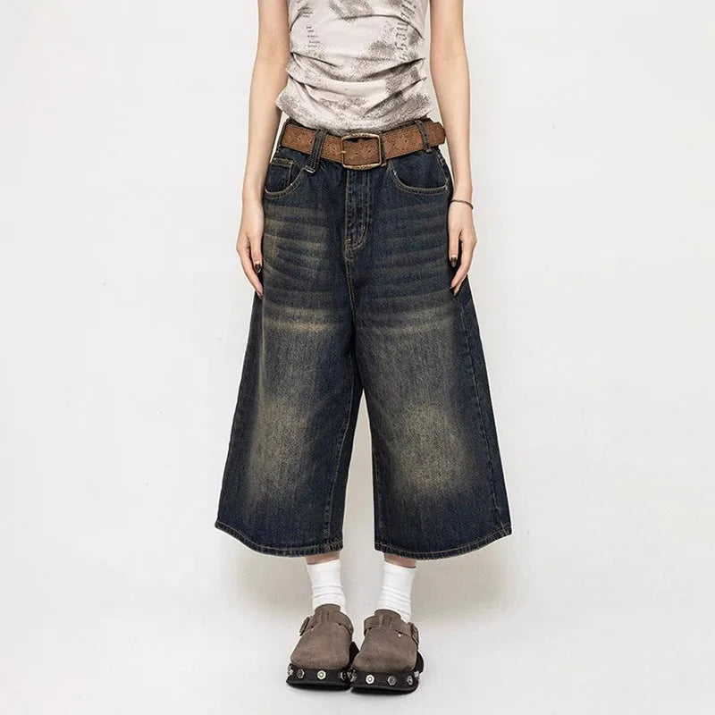 High Waist Black Retro Washed Denim Shorts Women's Harajuku Vintage Fashion Casual Loose Y2K Streetwear Mid Long Wide Leg Pants
